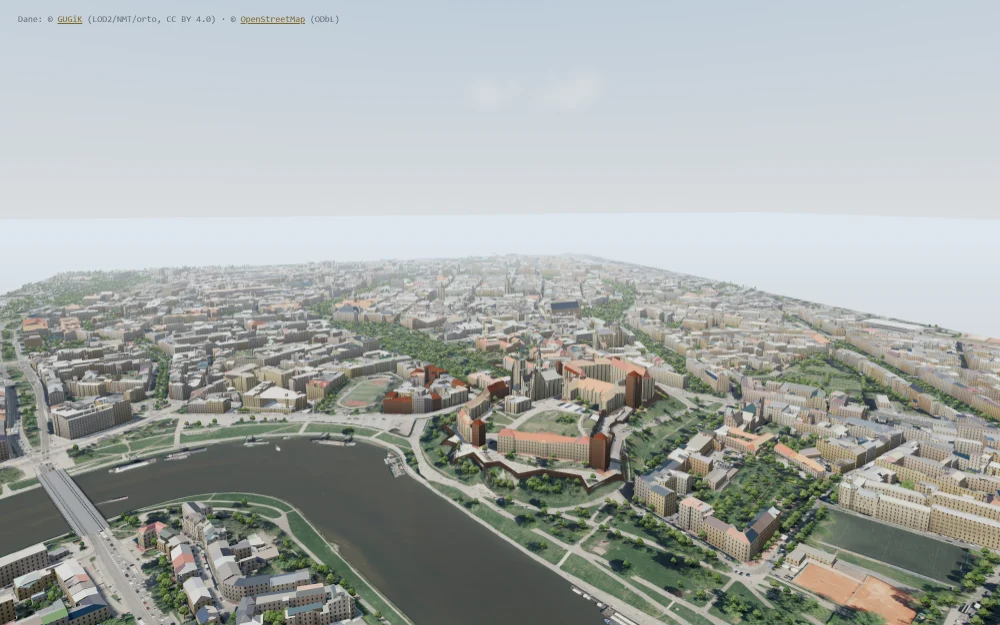 Render sceny 3D Krakowa złożonej z otwartych danych: teren NMT i ortofotomapa GUGiK, geometria budynków i Wisły z OpenStreetMap