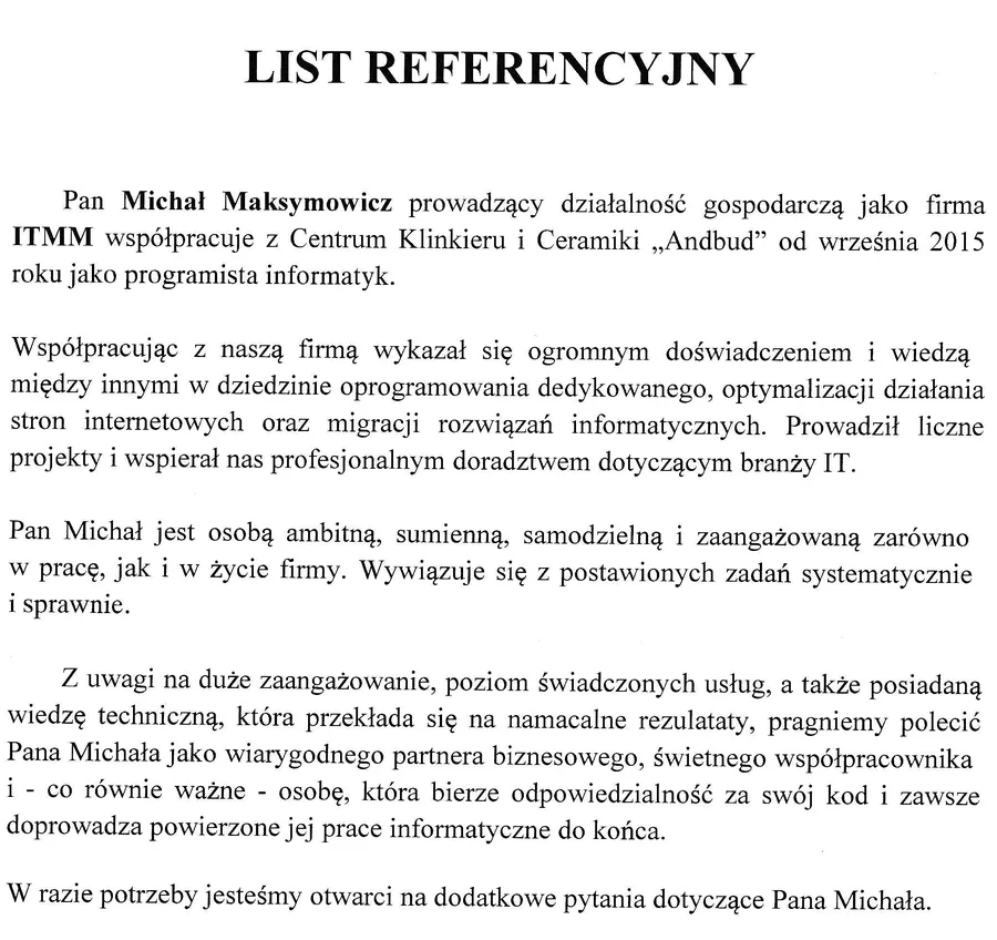 Wykadrowany podgląd listu referencyjnego ANDBUD