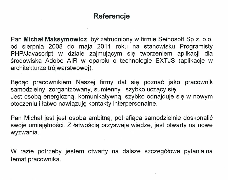 Wykadrowany podgląd listu referencyjnego Seihosoft